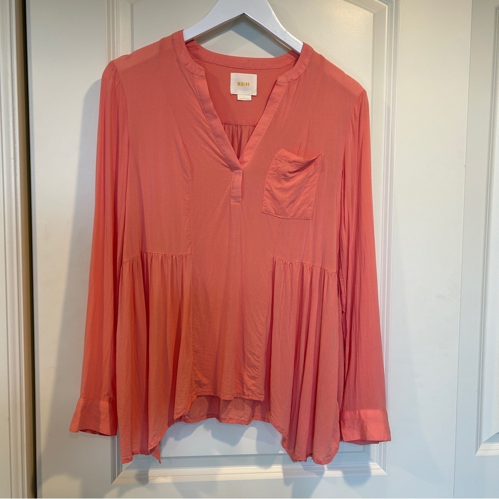 Anthropologie Maeve Women's Coral Pink Long Sleeve V-Neck Tunic Blouse - 4.